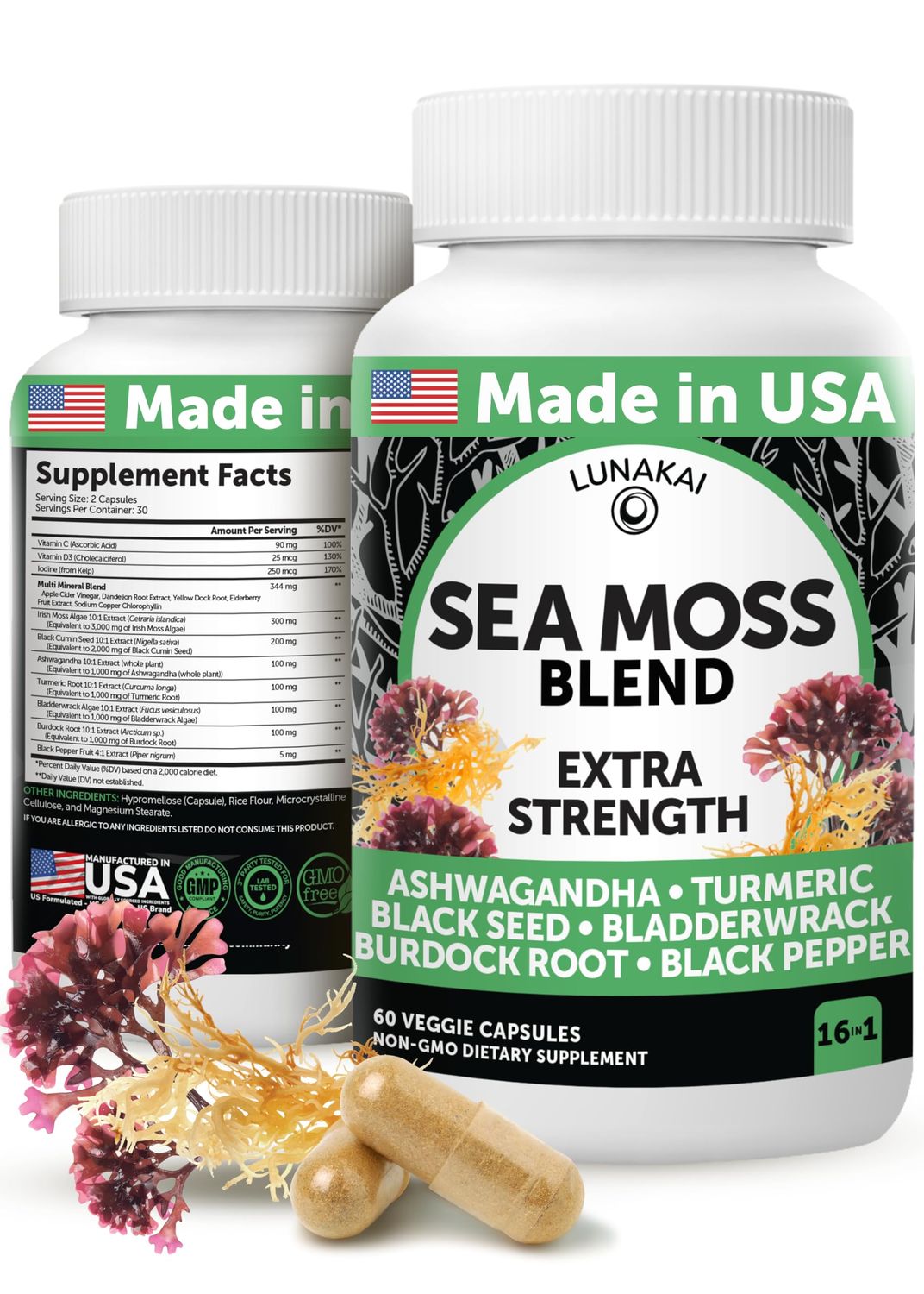Lunakai USA Made Irish Sea Moss Capsules with Black Seed Oil, Ashwagandha, Burdock Root Bladderwrack, 60ct