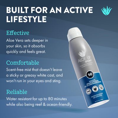 ALOE UP Sport Continuous Spray Sunscreen SPF 50 - Broad Spectrum UVAUVB Sunscreen Protector for Face and Body - With Aloe Vera Gel - Fast Absorbing Sheer Formula - Reef Safe - Fragrance-Free - 6 Oz