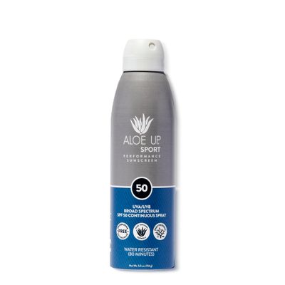 ALOE UP Sport Continuous Spray Sunscreen SPF 50 - Broad Spectrum UVAUVB Sunscreen Protector for Face and Body - With Aloe Vera Gel - Fast Absorbing Sheer Formula - Reef Safe - Fragrance-Free - 6 Oz