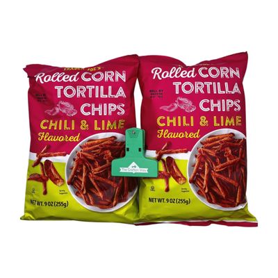 Trader Joe&#39;s Rolled Corn Tortilla Chips Chili Lime Flavored with Grafton Way Chip Clip (2 Pack)