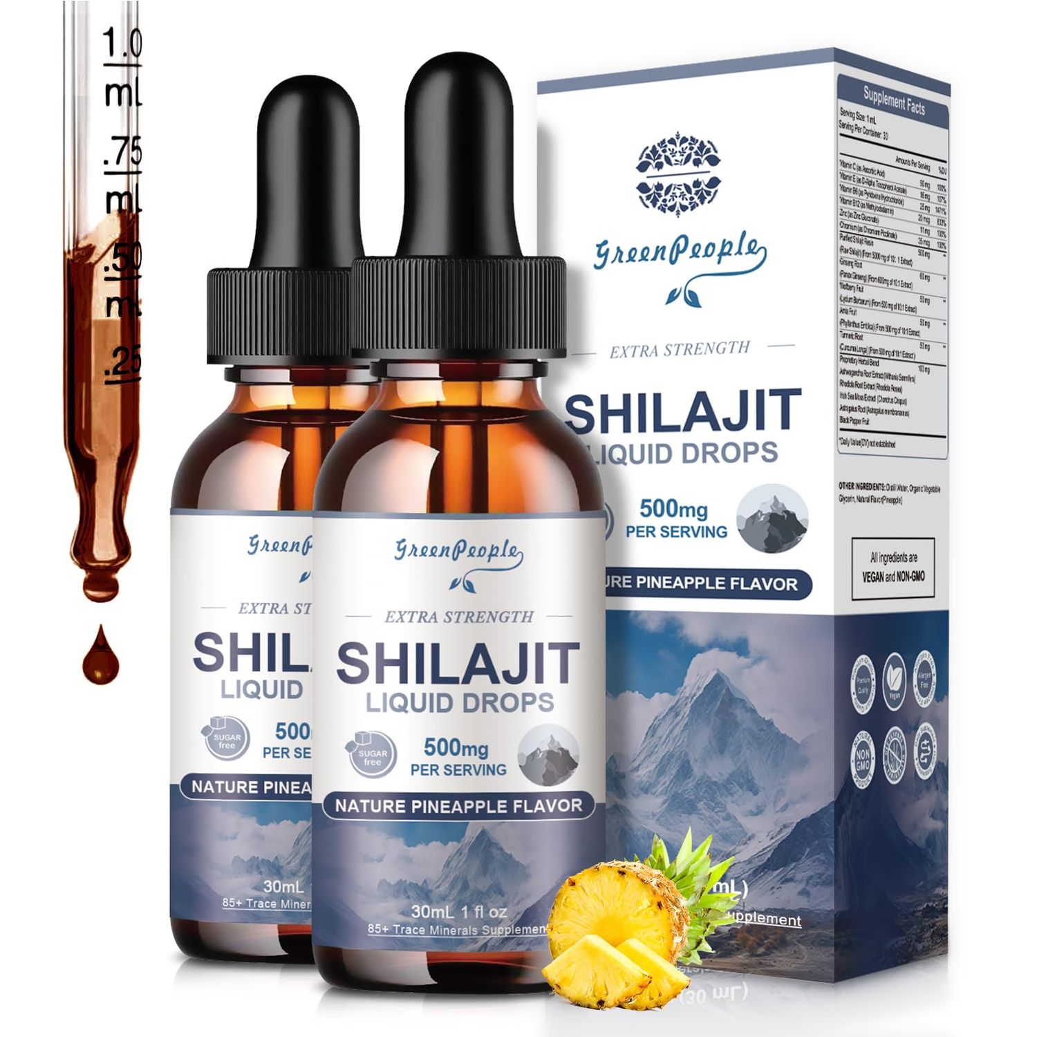 GREENPEOPLE Himalayan Shilajit Resin Liquid Drops - 16-in-1 Shilajit for Men Women wAshwagandha, Sea Moss 85 Trace Minerals, Fulvic Acid - Energy Wellness (1 fl oz, 2 Pack)