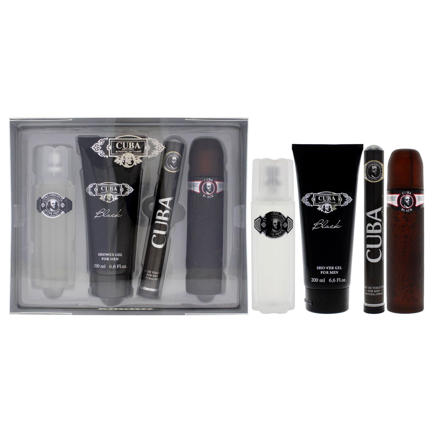 Cuba Cuba Black Men 4 Pc Gift Set 3.3oz EDT Spray, 1.7oz EDT Spray, 3.3oz After Shave, 6.7oz Shower Gel, (I0101683)
