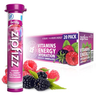 Zipfizz Daily Energy Drink Powder, Berry, 20 Pack 3-in-1 Sustained Energy, Rapid Hydration, and Essential Vitamins Sugar-Free Electrolyte Powder Contains Vitamin B-12 Antioxidants