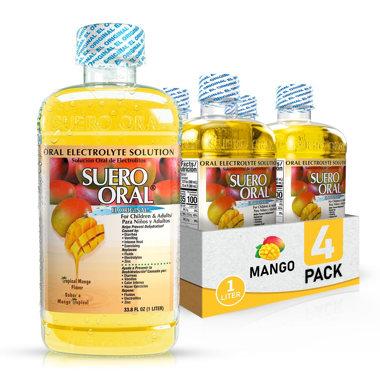 Suero Oral Electrolyte Solution - Electrolytes Drink, Hydration Booster Rehydration Drink for Kids Adults, Hydrates, Replenishes, Energizes, Mango Flavor, 1 Liter (4 Pack)