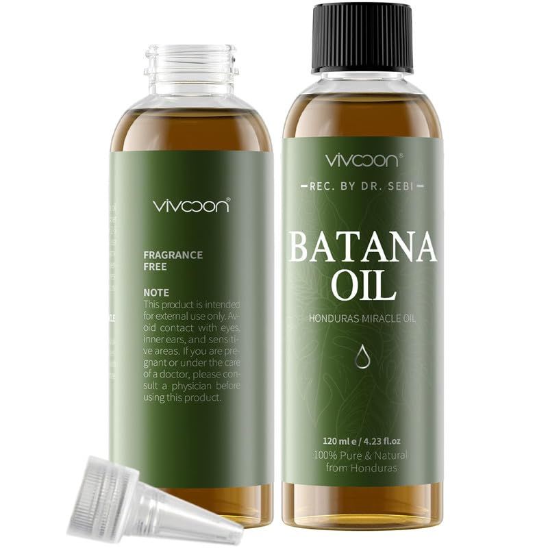 Vivccon Batana Oil for Hai Growth, 100 Pure Natural Raw Batana Oil, Dr. Sebi Organic Oil from Honduras, Care for Hair Thickness Scalp Skin, 4.23 fl oz, 1 Bottle with 2 Caps