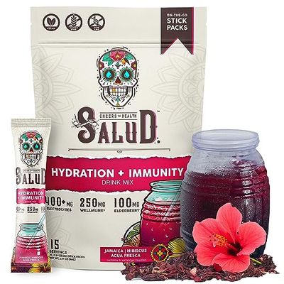 Salud 2-in-1 Hydration Packets Immunity Electrolytes Powder, Hibiscus - Jamaica Agua Fresca Drink Mix, Elderberry, Dairy Soy Free, Non-GMO, Gluten Free, Vegan, Low Calorie, 1g Sugar (15 Servings)