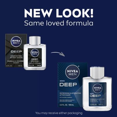 NIVEA MEN DEEP Refreshing and Hydrating After Shave with Natural Charcoal, Aftershave Lotion for Men Soothes Shave Irritation, Vanilla and Bourbon Scent, 3.3 Fl Oz Bottle, Pack of 3