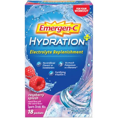 Emergen-C Hydration Sports Drink Mix With Vitamin C (18 Count, Raspberry Flavor), Electrolyte Replenishment, 0.33 Ounce Powder Packets
