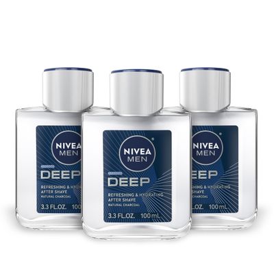 NIVEA MEN DEEP Refreshing and Hydrating After Shave with Natural Charcoal, Aftershave Lotion for Men Soothes Shave Irritation, Vanilla and Bourbon Scent, 3.3 Fl Oz Bottle, Pack of 3
