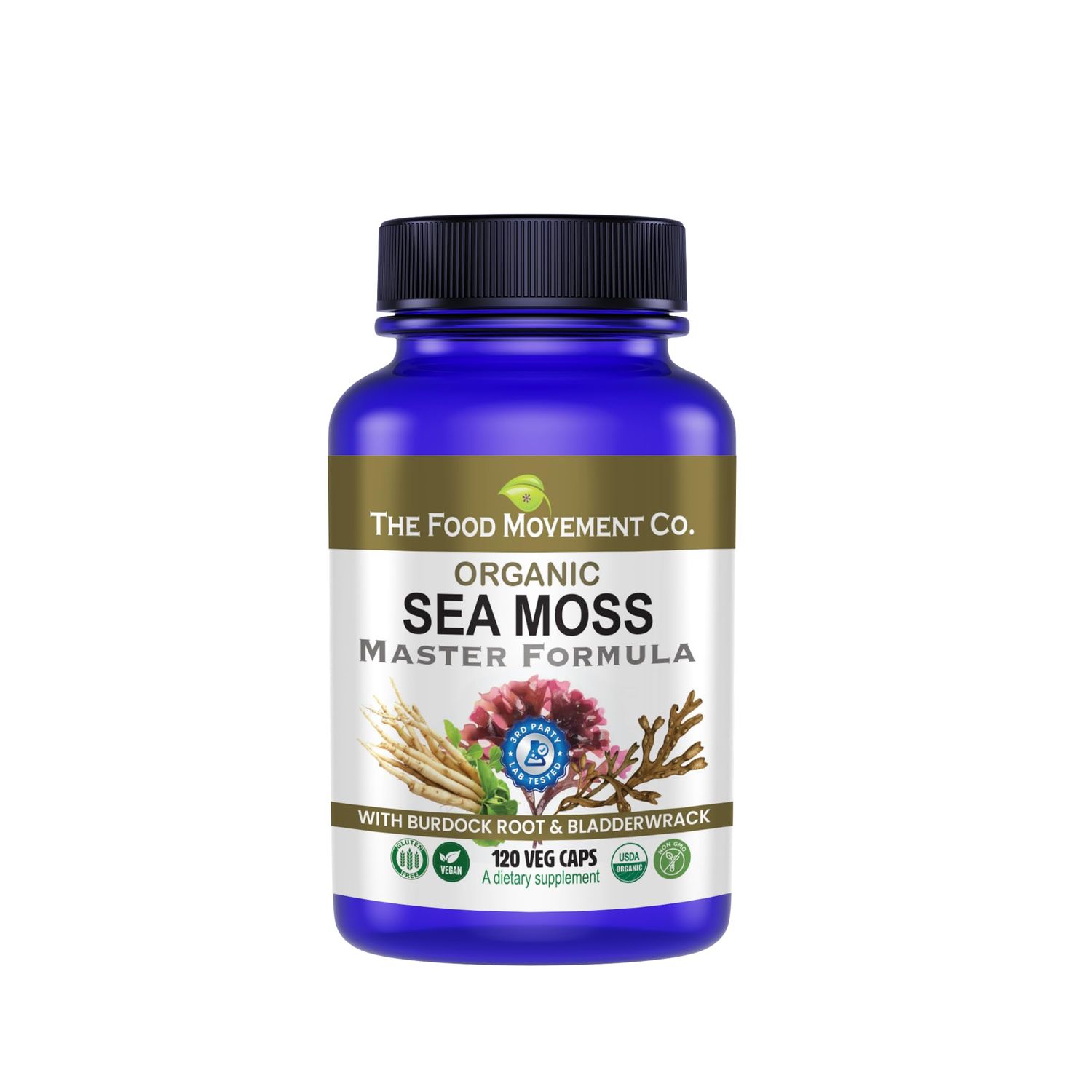 THE FOOD MOVEMENT CO. Sea Moss Master Formula with Burdock Root Bladderwrack for Gut Health Organic Vegan Supplement for Women Men Irish Sea Moss Blend for Optimal Well-Being (120)