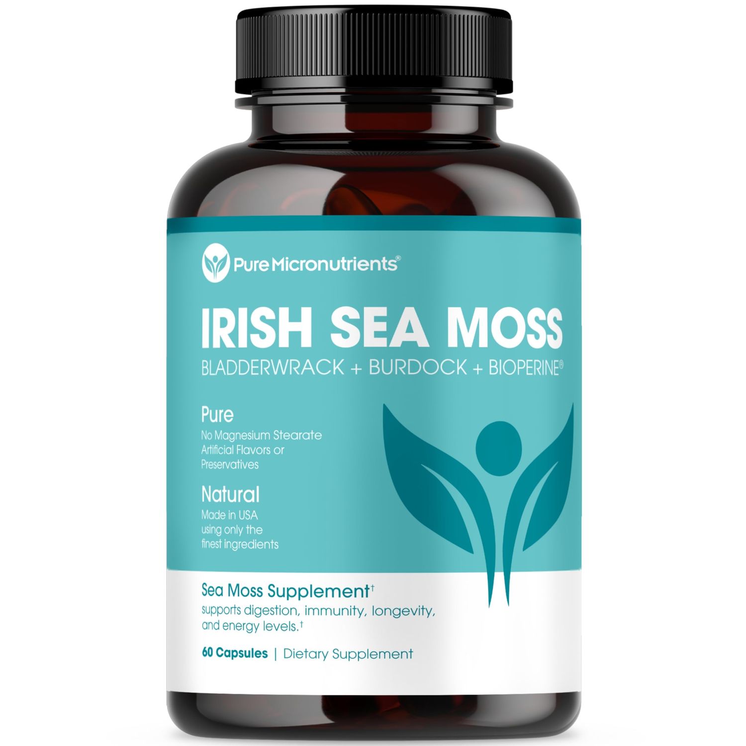 Pure Micronutrients Irish Sea Moss Capsules - Organic Irish Seamoss Pills with Bladderwrack, Burdock Black Pepper for Energy, Immunity, Thyroid, Digestion, Heart and Bone Health