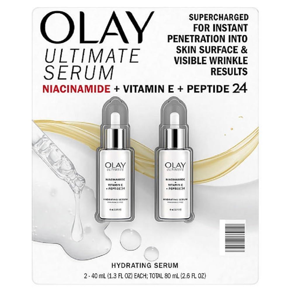 Olay Ultimate Niacinamide Vitamin E Peptide 24 Hydrating Serum, Fragrance Free, 1.3 Fl Oz (Pack of 2)