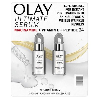 Olay Ultimate Niacinamide Vitamin E Peptide 24 Hydrating Serum, Fragrance Free, 1.3 Fl Oz (Pack of 2)