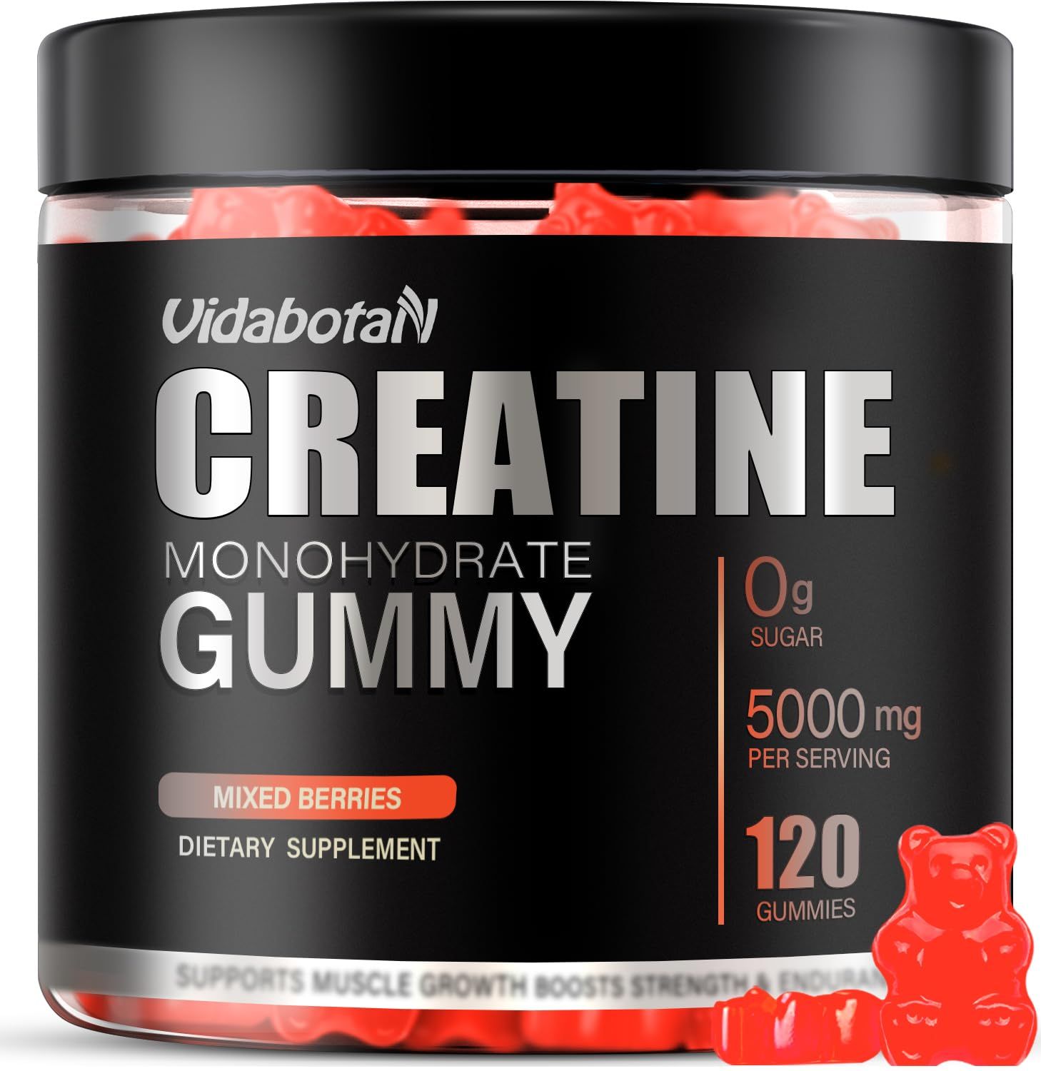 Sugar Free Creatine Monohydrate Gummies 5000mg for Men Women- Chewables Creatine Monohydrate with L-Taurine, B6, B12 for Muscle Growth and Strength, Vegan, Natural Mixed Berry Flavor, 120 Count