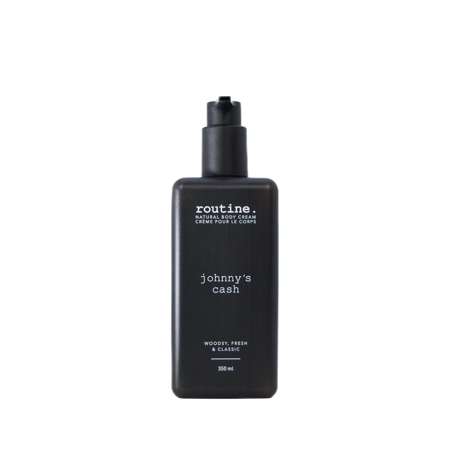 Routine Johnny&#39;s Cash 350ml Natural Body Cream. Cedarwood, Pine Bergamot. Botanicals No Synthetic Fragrance Vegan Clinically Tested Hands Body Signature Scent
