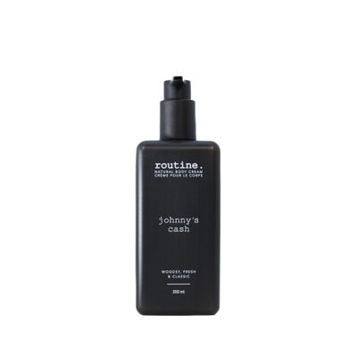 Routine Johnny&#39;s Cash 350ml Natural Body Cream. Cedarwood, Pine Bergamot. Botanicals No Synthetic Fragrance Vegan Clinically Tested Hands Body Signature Scent