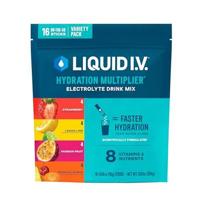 Liquid I.V. Hydration Multiplier - Variety Pack - Lemon Lime, Passion Fruit, Strawberry, Tropical Punch Electrolyte Powder Drink Mix 1 Pack (16 Servings)