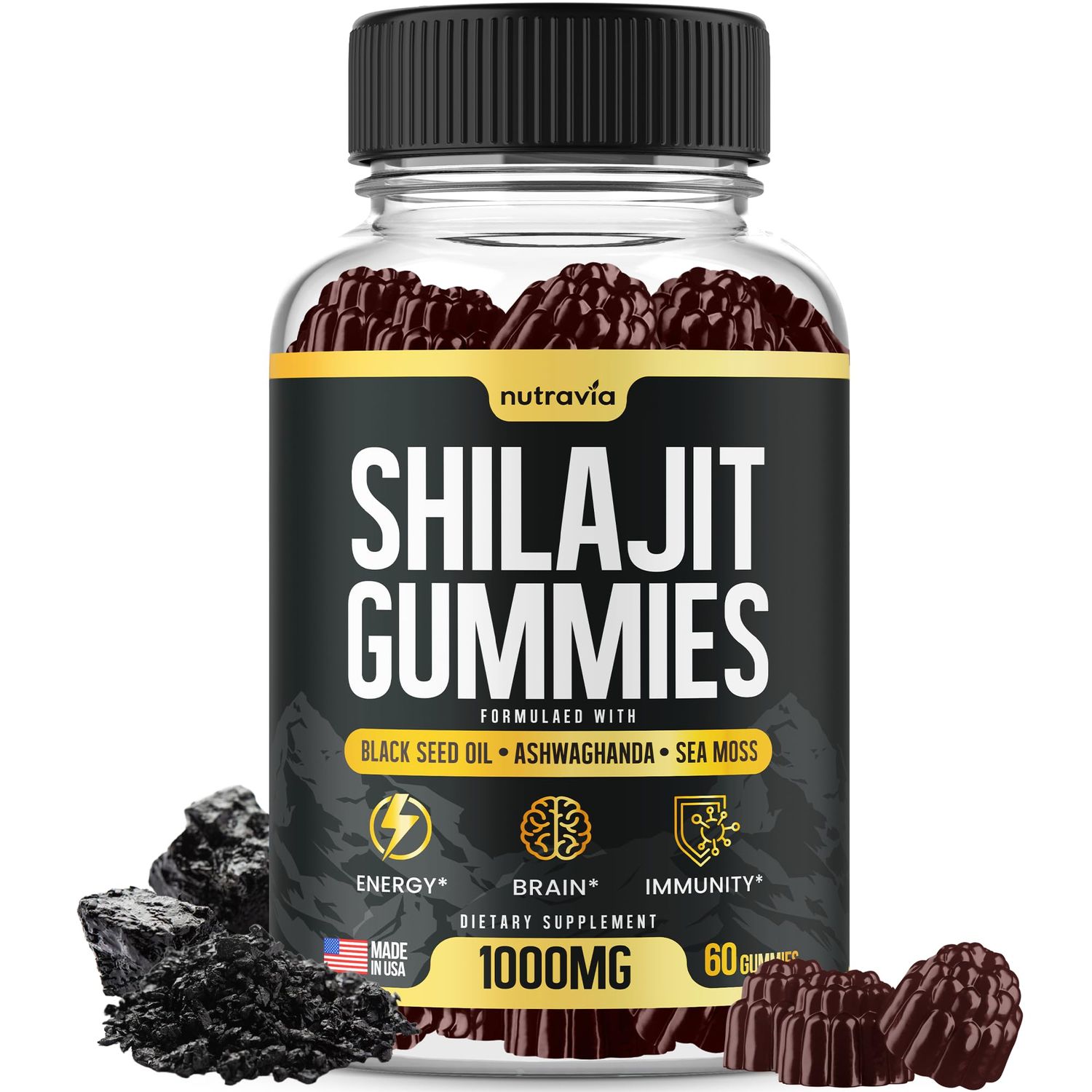 Shilajit Gummies - 3 in 1 with Sea Moss, Black Seed Oil, Ashwagandha - Natural Formula Shilajit Supplement 85 Trace Minerals, Pure Himalayan Shilajit Gold Gomitas De Shilajit, USA Made (60 Gummies)
