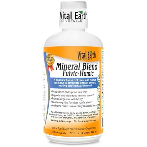 Vital Earth Minerals Fulvic Humic Mineral Blend Liquid - Fulvic Acid Supplement with 70 Trace Minerals, Electrolytes for Recovery, Balance Energy, 32 Oz 1 Oz Cup