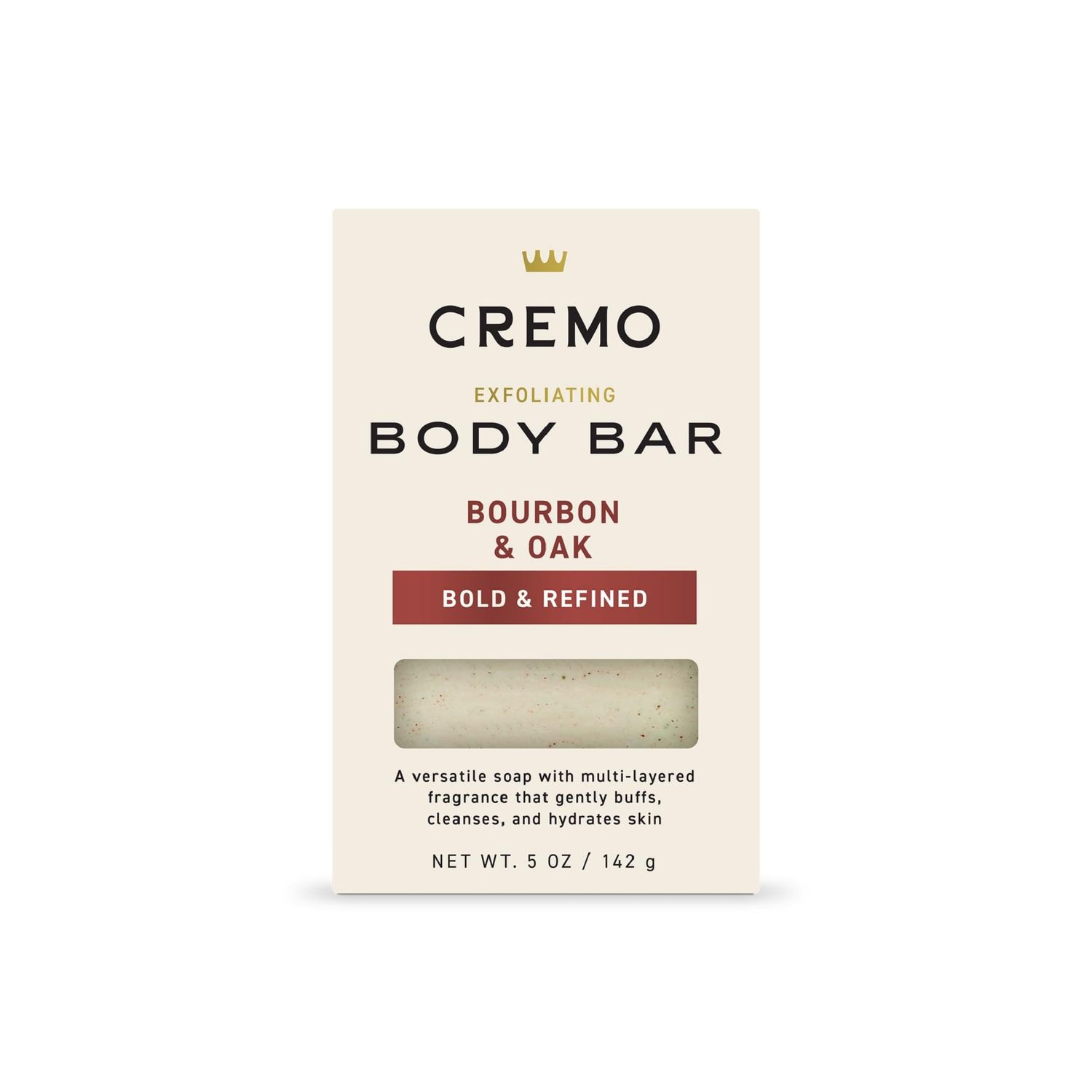 Cremo Exfoliating Body Bar for Men, Bourbon Oak Scent, Multi-Layered Fragrance That Buffs, Cleanses and Hydrates Skin, 5oz