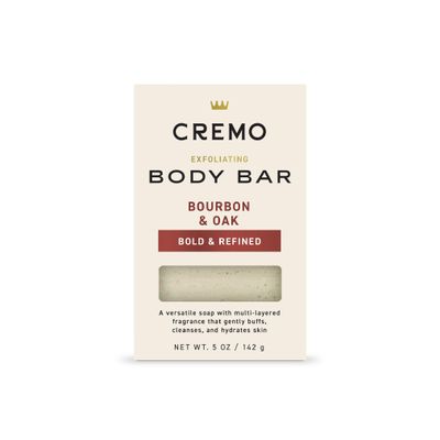 Cremo Exfoliating Body Bar for Men, Bourbon Oak Scent, Multi-Layered Fragrance That Buffs, Cleanses and Hydrates Skin, 5oz