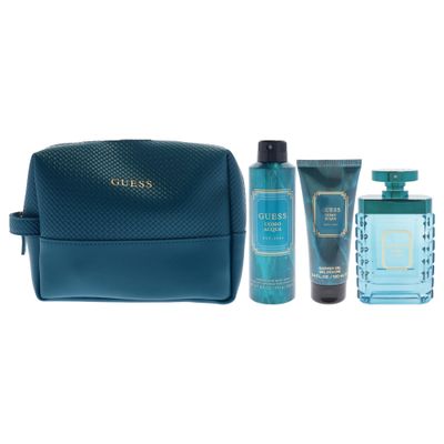 Guess Uomo Acqua for Men - 4 Pc Gift Set 3.4oz EDT Spray, 6oz Deodorizing Body Spray, 3.4oz Shower Gel, Pouch