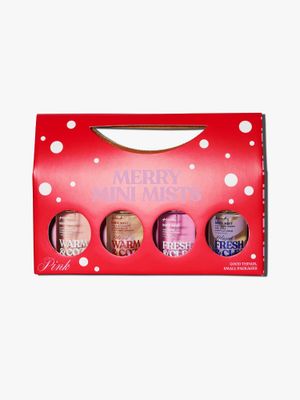 Victoria's Secret PINK 4 Piece Merry Mini Mists Gift Set Warm Cozy and Fresh Clean, Assorted Scents