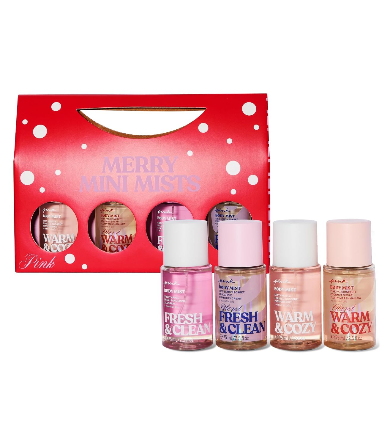 Victoria&#39;s Secret PINK 4 Piece Merry Mini Mists Gift Set Warm Cozy and Fresh Clean, Assorted Scents