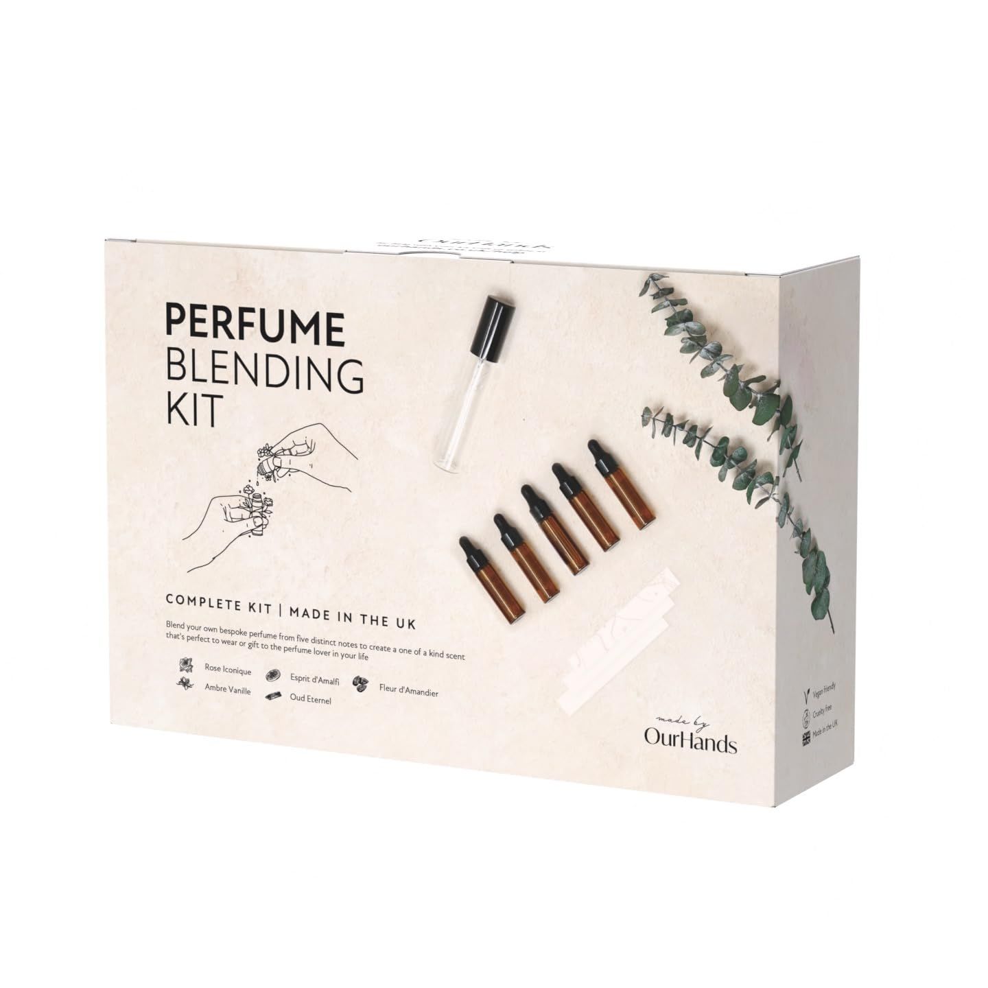 OurHands Perfume Making Kit Create Your Own Signature Perfume with 5 Premium Fragrance Oils, Perfumers Alcohol, Reusable Glass Atomiser, and Custom Naming Stickers