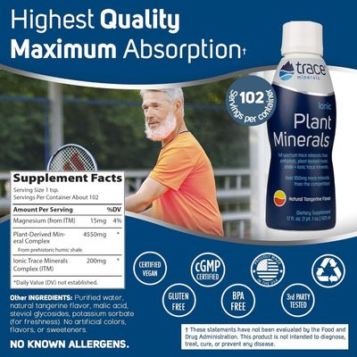 Trace Minerals Liqiud Ionic Plant Minerals Dietary Supplement Certified Vegan, Non GMO, Gluten Free, BPA Free, Third Party Tested Tangerine 17 Fl Oz