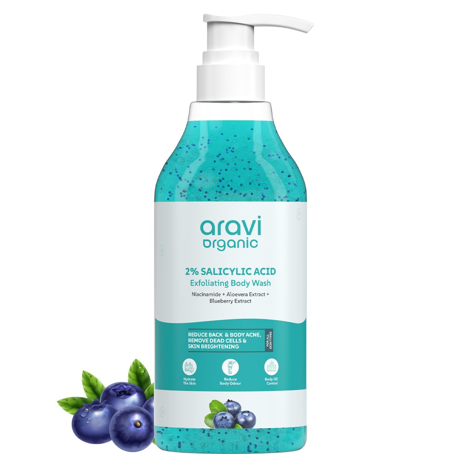 Aravi Organic 2 Salicylic Acid Exfoliating Body Wash with Niacinamide Blueberry - Prevents Body Acne, Dead Cells, Deep Cleanses Odor Defense - All Skin Types - SLS Paraben Free - 300 ml