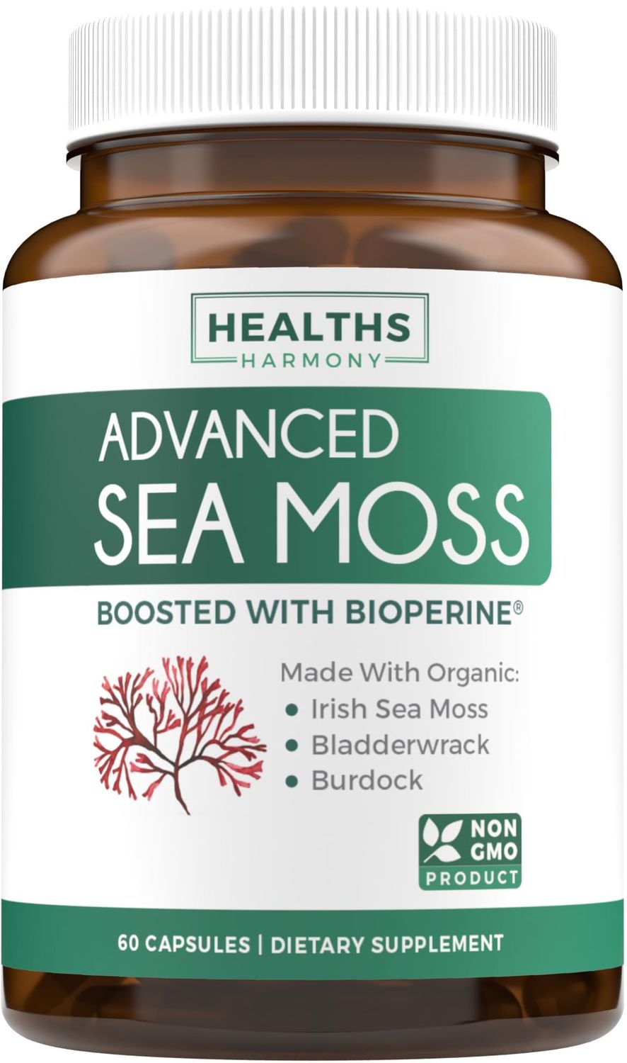 Irish Sea Moss Capsules (Non-GMO) Organic Irish Seamoss, Bladderwrack Burdock, with BioPerine Black Pepper Extract for Extra Absorption - Raw Vegan Supplement - 60 Capsules (No Pills or Gel)