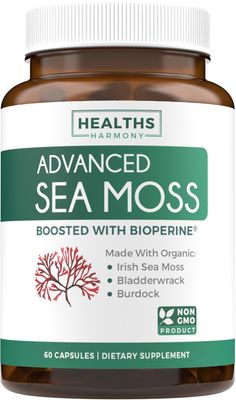 Irish Sea Moss Capsules (Non-GMO) Organic Irish Seamoss, Bladderwrack Burdock, with BioPerine Black Pepper Extract for Extra Absorption - Raw Vegan Supplement - 60 Capsules (No Pills or Gel)