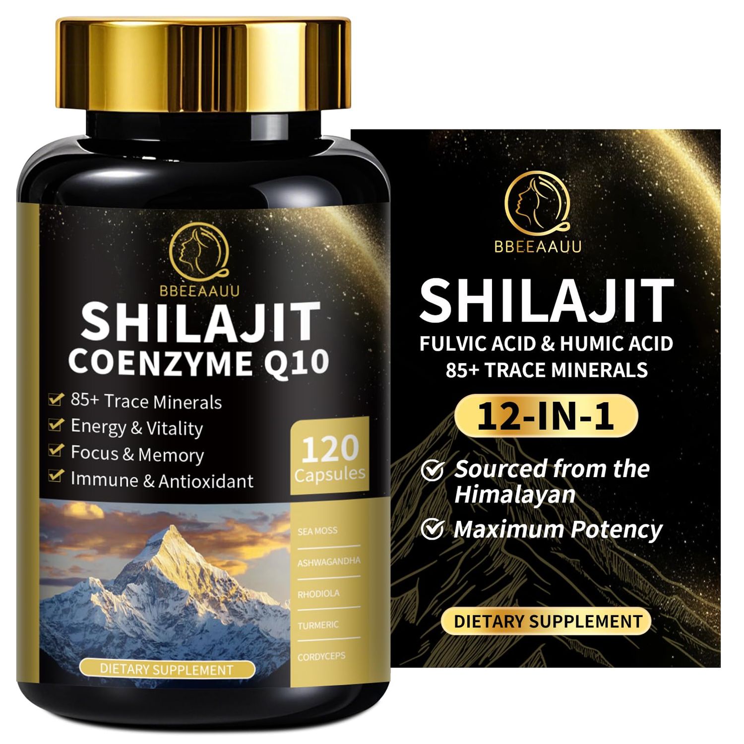 Shilajit Capsules with Sea Moss Ashwagandha for Men Women,12 in 1 Himalayan Shilajit Supplements with Coenzyme Q10, Fulvic Acid Humic Acid, Lion&#39;s Mane, Support Energy Immune, 120 Count