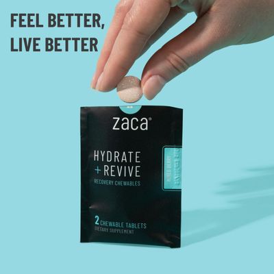 Zaca Recovery Chewable Supplement Hydrate Revive Party, Travel, Exercise Altitude Non-Sugar Non-Gluten Mixed Berry, 2 Packets 4 Tablets