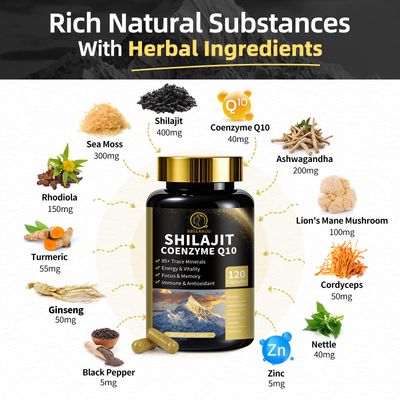 Shilajit Capsules with Sea Moss Ashwagandha for Men Women,12 in 1 Himalayan Shilajit Supplements with Coenzyme Q10, Fulvic Acid Humic Acid, Lion's Mane, Support Energy Immune, 120 Count