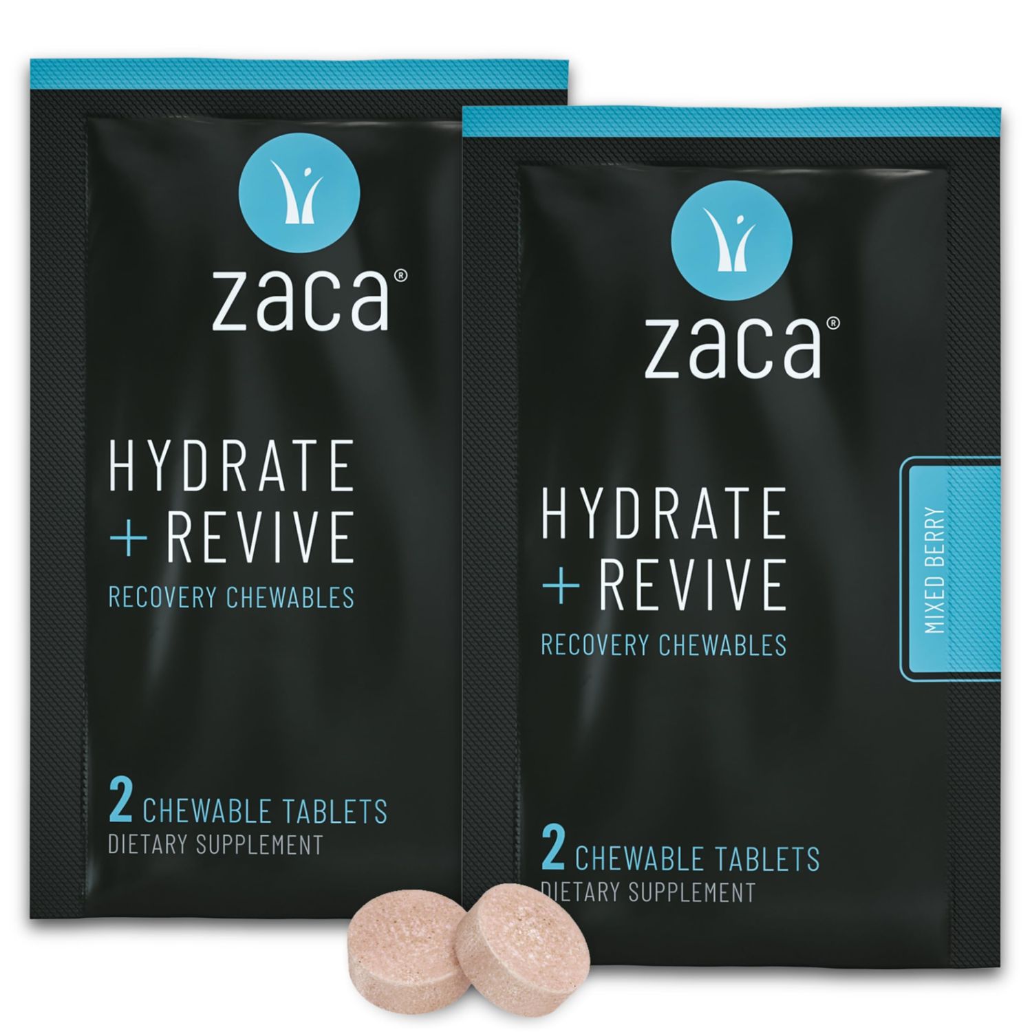 Zaca Recovery Chewable Supplement Hydrate Revive Party, Travel, Exercise Altitude Non-Sugar Non-Gluten Mixed Berry, 2 Packets 4 Tablets