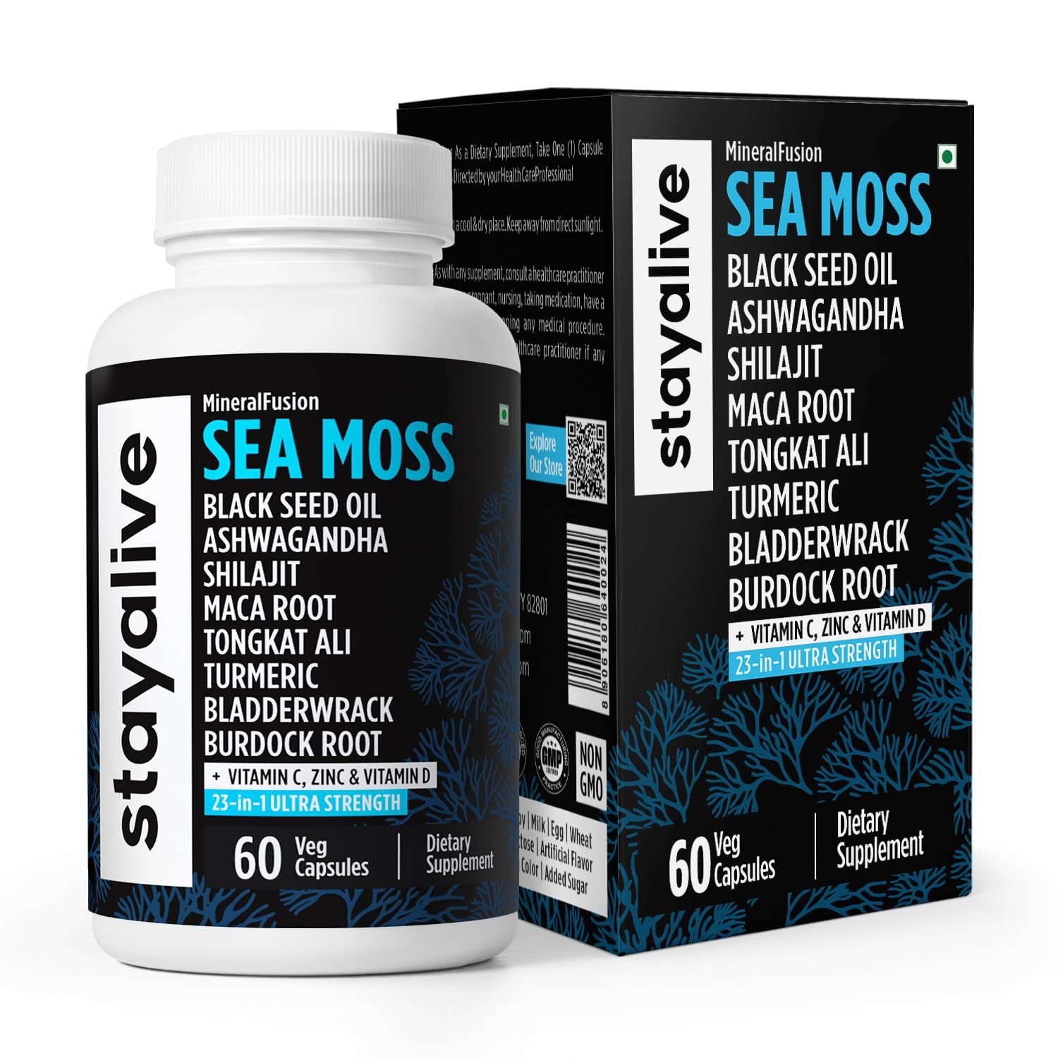 STAY ALIVE Irish Sea Moss Black Seed Oil Ashwagandha Ginger Burdock Root Bladderwrack Powder, 23-in-1 Advanced Supplement, 60 Vegan Pills, Non-GMO and Gluten-Free Sea Moss Extract Capsules