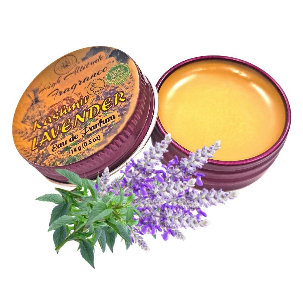 Kashmir LAVENDER Perfume - Eau de Parfum - Solid Balm - Natural Essential Oils Aromatherapy Fragrance- (Lavandula Angustifolia, Hyacinth, Violets, Heliotrope, Labdanum) Travel Size, Party Gifts -0.5oz