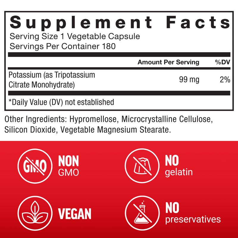 Force Factor Potassium Citrate, Potassium Capsules to Support Cardiovascular Health, Promote Electrolyte Balance, and Boost Hydration, Ideal for Athletes, 180 Vegetable Capsules