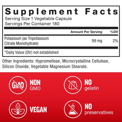 Force Factor Potassium Citrate, Potassium Capsules to Support Cardiovascular Health, Promote Electrolyte Balance, and Boost Hydration, Ideal for Athletes, 180 Vegetable Capsules