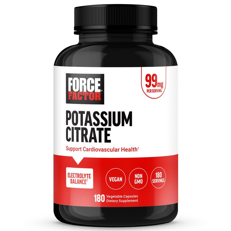 Force Factor Potassium Citrate, Potassium Capsules to Support Cardiovascular Health, Promote Electrolyte Balance, and Boost Hydration, Ideal for Athletes, 180 Vegetable Capsules