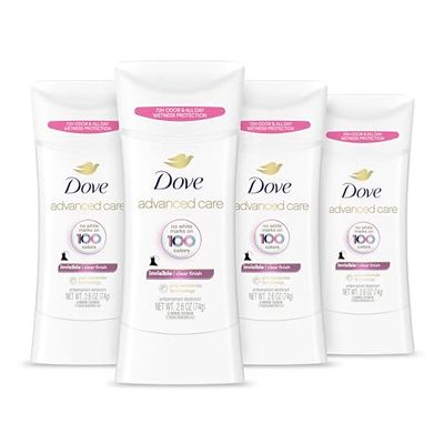 Dove Advanced Care Antiperspirant Deodorant Stick Clear Finish 4 Count deodorant that doesnt stain clothes 72-hour odor control and all-day sweat protection with Pro-Ceramide Technology 2.6 oz