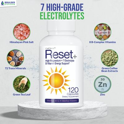 Reset 7 Energy Electrolytes, Methyl B12, Methyl Folate, Pink Salt, Magnesium, Super B Complex, Green Tea Green Coffee Extracts, Biotin, Zinc, 72 Trace Minerals