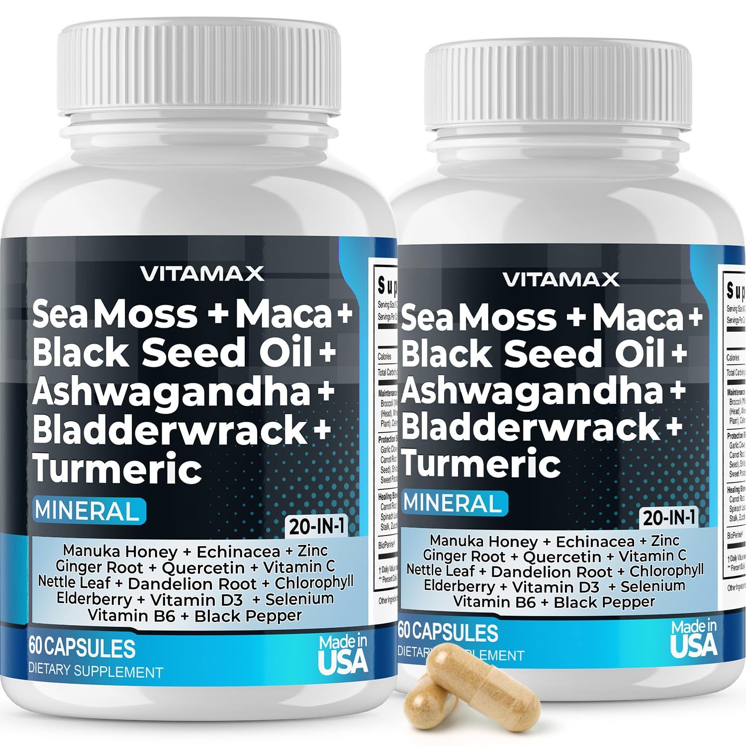 Sea Moss, Maca, Black Seed Oil, Ashwagandha, Bladderwrack, Turmeric - Elderberry, Vitamins C D3, Dandelion Black Pepper - Made in USA- 120ct
