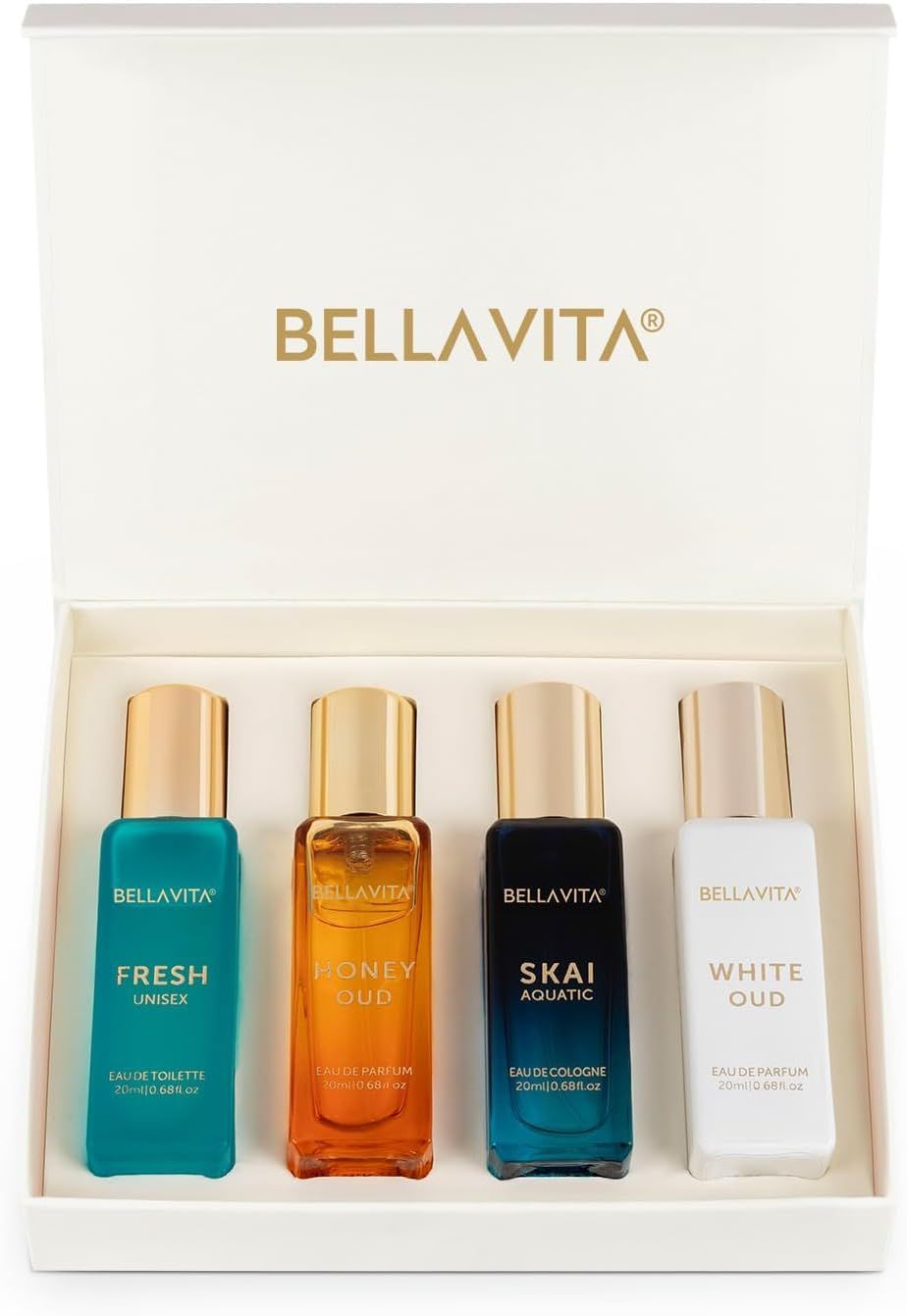 BellaVita Luxury Unisex Cologne Gift Set (4x20ml) Fragrances Includes Honey OUD, SKAI, FRESH White OUD Body Mist Mini Perfumes Spicy Vanilla Perfume Oil Unisex Perfume for women Men
