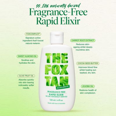 The Fox Tan Fragrance-Free Rapid Tanning Elixir, Tanning Accelerator Lotion For Darker Faster Tans, Flawless Tans, Vegan Cruelty-Free, 120mL
