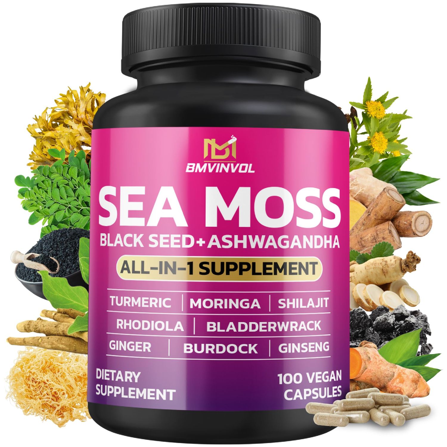 BMVINVOL Sea Moss Black Seed Shilajit Ashwagandha Bladderwrack, Ginger, Moringa, Turmeric, Burdock, Ginseng, Rhodiola Rosea - 100 Capsules