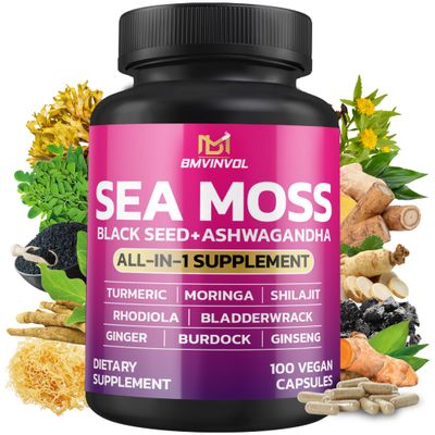 BMVINVOL Sea Moss Black Seed Shilajit Ashwagandha Bladderwrack, Ginger, Moringa, Turmeric, Burdock, Ginseng, Rhodiola Rosea - 100 Capsules