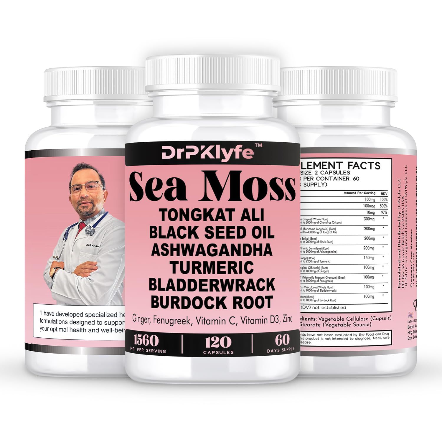DrPKLyfe Sea Moss Capsules for Energy, Thyroid Muscle Support - Includes Black Seed Oil, Ashwagandha, Ginger, Burdock Root, Tongkat Ali - 120 Capsules (60-Day Supply)
